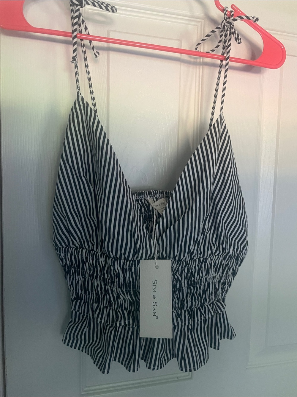 SIM & SAM Black and White Striped Tie-Shoulder Smocked Camisole